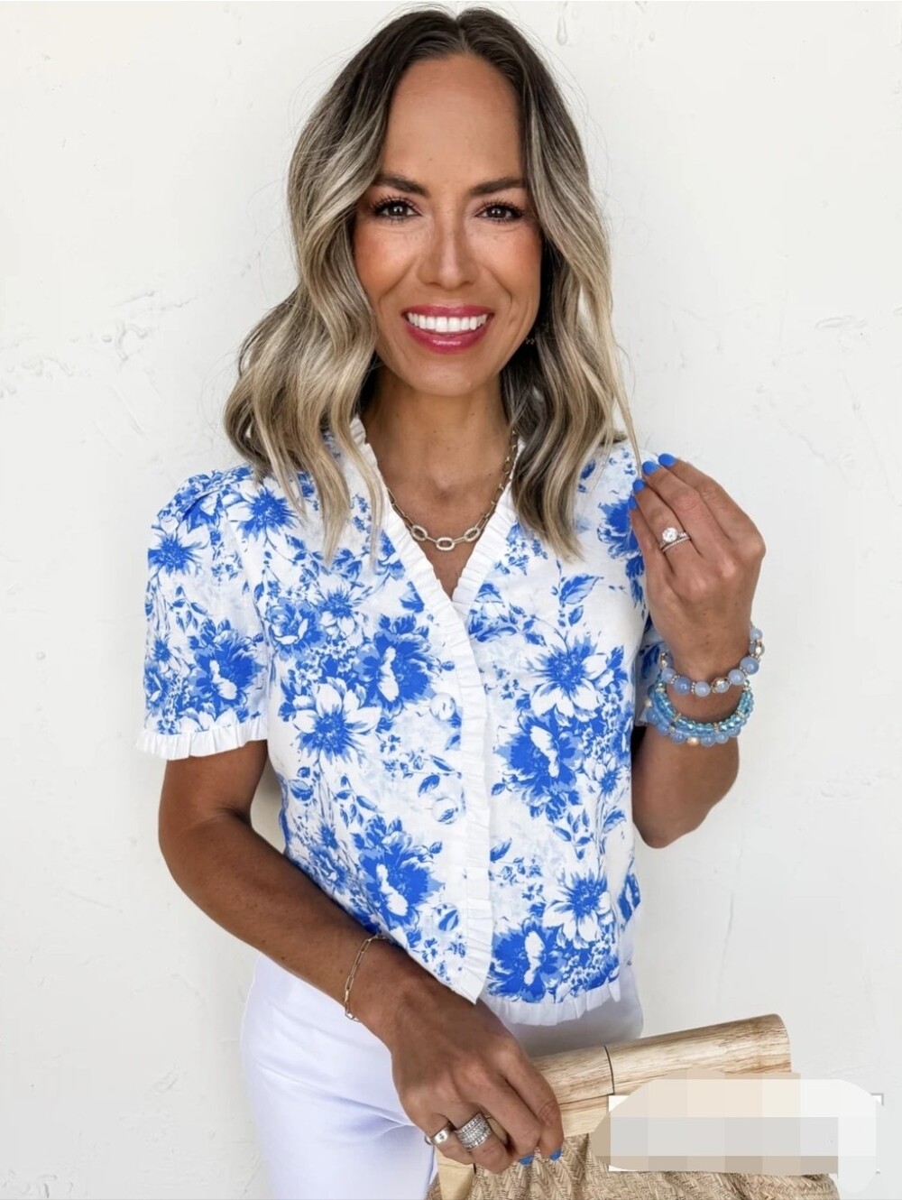 Blue Floral Ruffle-Trim Short Sleeve Top